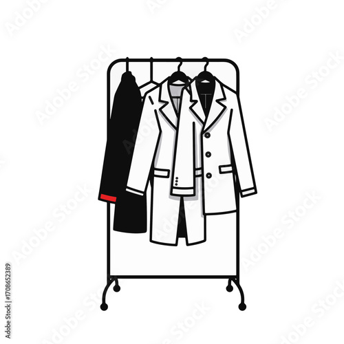 Minimalist coat rack displaying stylish coats on white background, fashion concept