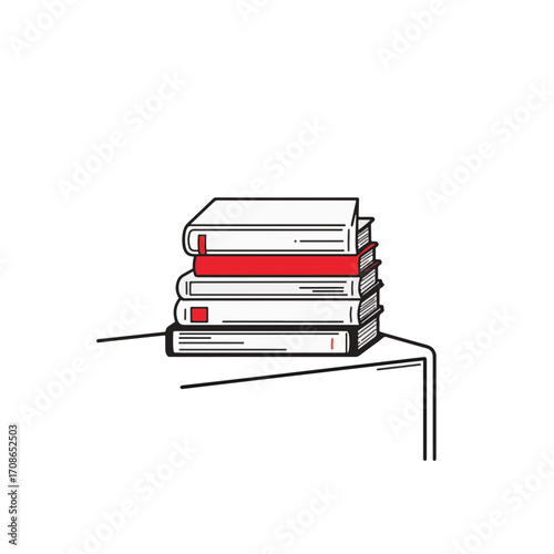 Minimalist stack of books on nightstand with red accent, modern decor