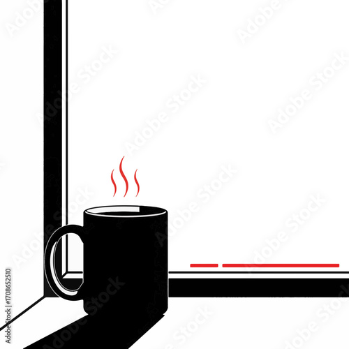 Steaming mug on windowsill in minimalist style, warmth and comfort