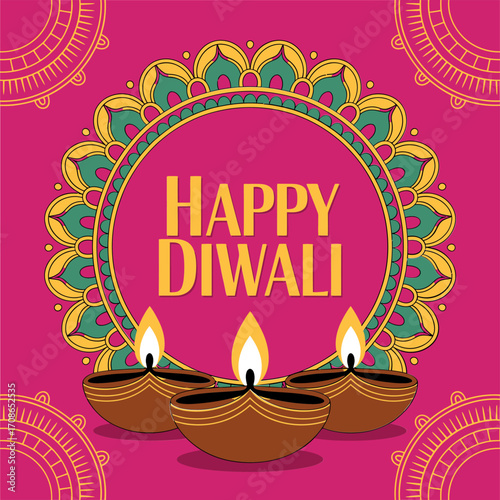 Happy Diwali badge, festival of lights emblem, round blue label, glowing diya lamp, fireworks sparkles, decorative vector illustration