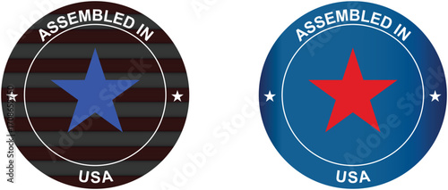 Assembled in USA Star Logo Badges - Blue and Red Star Circular Emblem Patches on Black and Blue Backgrounds