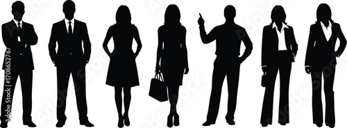 Business people silhouette, professional team, corporate diversity, male and female executives, standing pose, office attire, leadership concept, workplace illustration, vector art