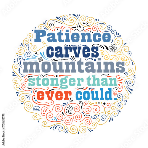 Inspirational Illustration Featuring Typography Design Filled with Motivating Message" Pratience carves mountains stonger than over could"