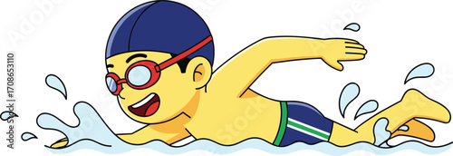Happy cartoon boy swimming freestyle in pool water, wearing blue swim cap and goggles, cheerful expression, splashing water, summer sport activity illustration