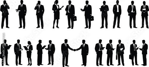 Business professionals silhouette set, corporate interaction, office communication, teamwork concept, formal attire, workplace diversity, vector illustration, business people