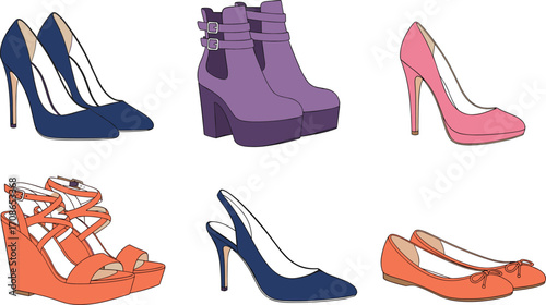 Colorful women’s shoe collection, high heels, boots, sandals, flats, fashion footwear set for retail, design, branding, and vector illustration