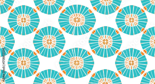 Seamless pattern design with teal and orange flowers