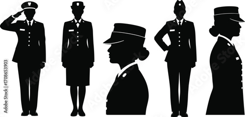 Military officer silhouettes in formal uniform, saluting, standing, side profile, vector illustration for discipline, authority, defense, honor, ceremonial themes