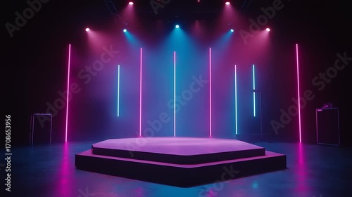 Sleek Stage with Vibrant Neon Lights Ready for Performance or Presentation