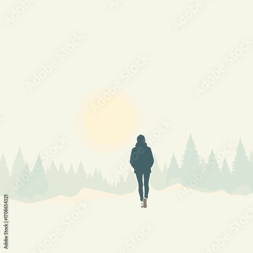 Lonely figure walking in a snowy landscape at sunset, creating a serene atmosphere