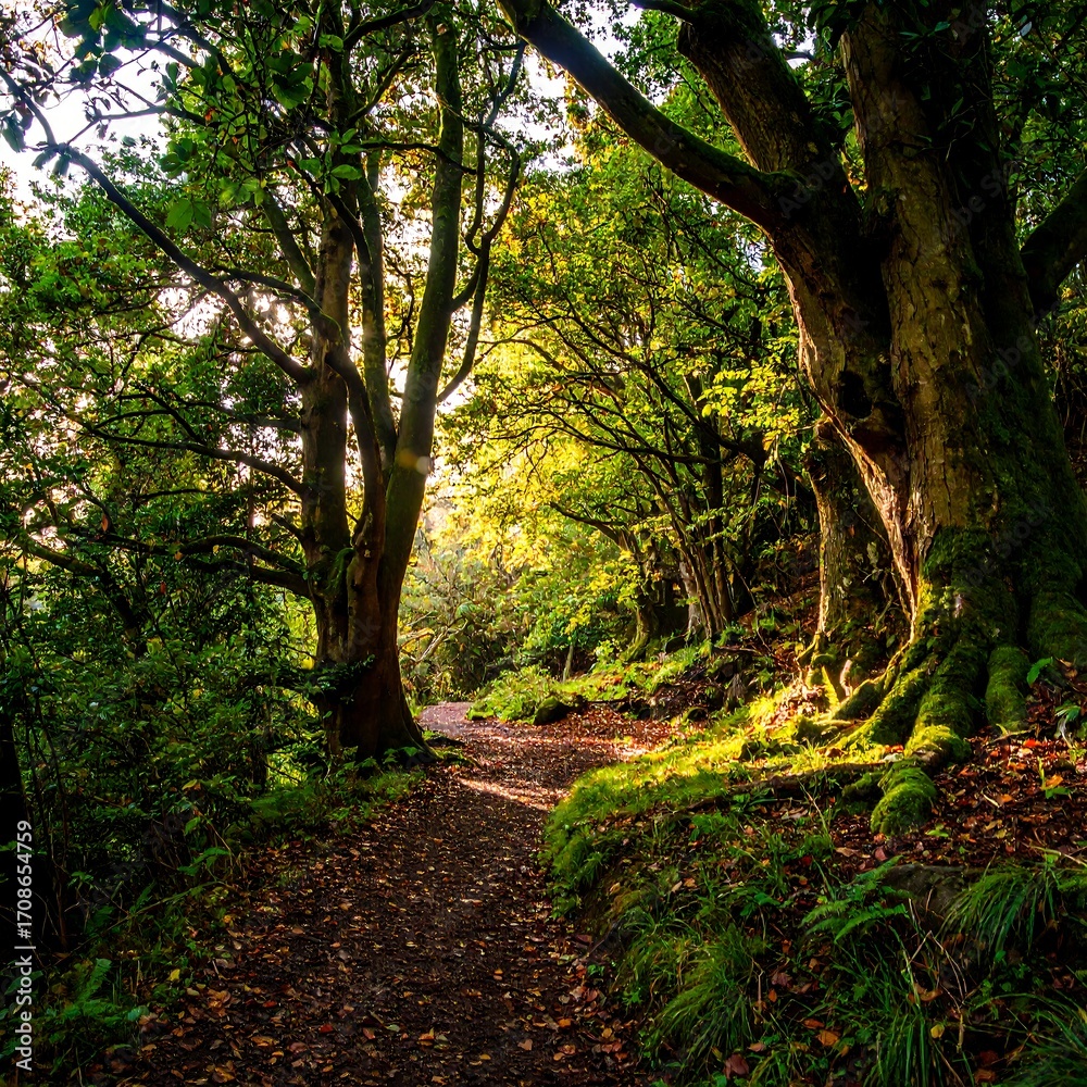 Obraz premium Sunlight filters through a path in a lush forest