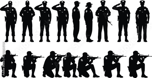 Police officer silhouettes in uniform, saluting and aiming rifles, standing and kneeling poses, vector illustration for law enforcement, discipline, tactical themes