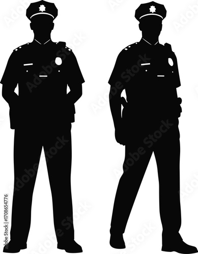 Police officer silhouettes in uniform, standing side by side with baton and handcuffs, vector illustration for law enforcement, authority, protection, discipline themes