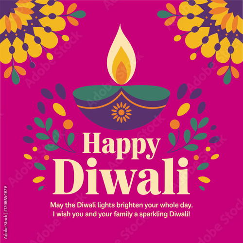 Happy Diwali badge, festival of lights seal, scalloped border circle, floral decorations, bright festive greeting, editable vector design