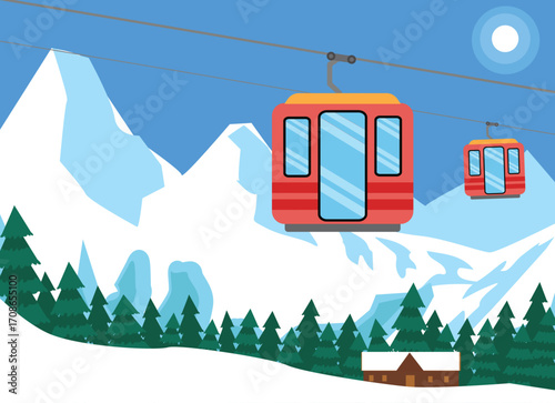 Cable cars or aerial lift on winter landscape with mountains. Nature vector illustration.