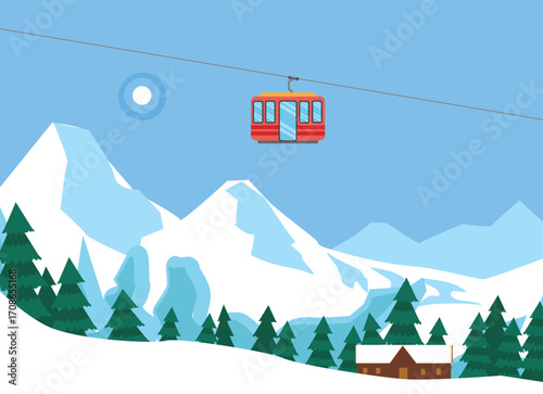 Cable cars or aerial lift on winter landscape with mountains. Nature vector illustration.