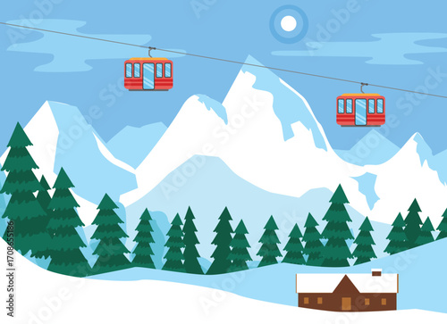 Cable cars or aerial lift on winter landscape with mountains. Nature vector illustration.