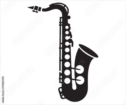 Black silhouette of saxophone isolated on white background, simple musical instrument vector illustration for jazz, blues, orchestra, concert, music festival, performance, entertainment, and art desig