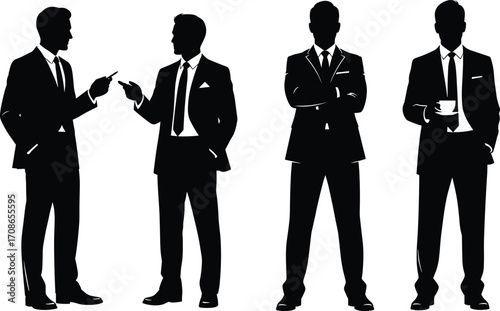 Silhouette of business men in suits, professional gestures and postures, corporate icons for office, presentation, branding, and communication design