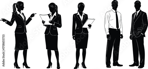 Silhouette of business professionals, men and women in formal attire, office gestures and poses for corporate, branding, and communication design