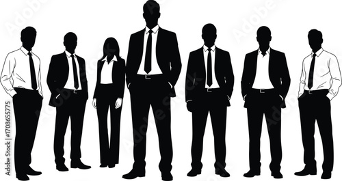 Silhouette of business professionals in formal attire, leadership and teamwork posture icons for corporate structure, branding, presentation, and design