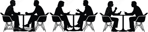 Silhouette of people in conversation, seated across tables, casual meeting, interview, discussion scene for office, café, and communication design