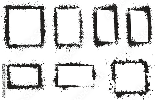black spray frames for Creative design solated on white background. Urban street graffiti style. Airbrush paint splatter borders, grunge street art with splash effect and drops. Vector