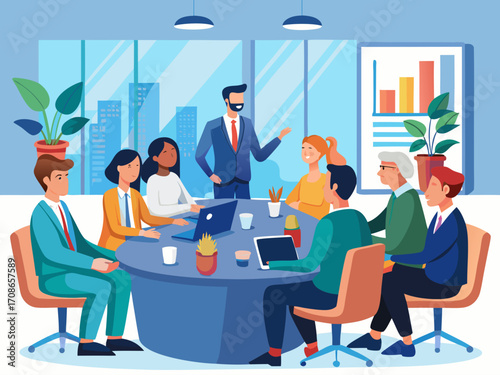 illustration of Group of business people meeting in a seminar conference, the mentor is telling everyone about business.