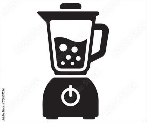 Black silhouette of blender with jar and bubbles isolated on white background, simple kitchen appliance vector illustration for cooking, smoothie, juice, food preparation, drink, and household design 