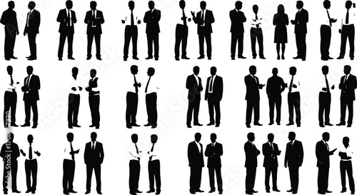 Silhouette set of business professionals in pairs, handshake, conversation, and gesture icons for corporate communication, networking, and design themes