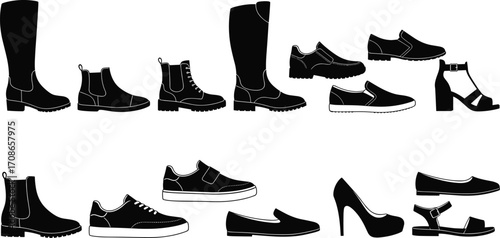 Silhouette set of diverse footwear styles, boots, heels, sneakers, sandals, fashion shoe icons for retail, design, branding, and vector illustration