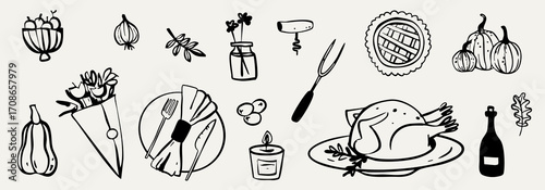 Hand drawn happy thanksgiving day dinner whimsical elements in doodle style. Baked turkey, apple pie, autumn cozy leaves, ideal for menu, party, invitation design.