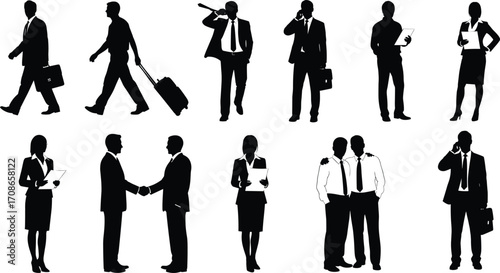 Silhouette set of business professionals in travel, communication, and teamwork poses, corporate interaction icons for office, branding, and design themes
