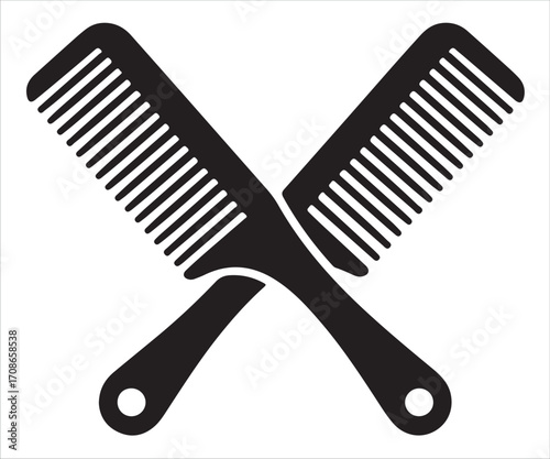 Black silhouette of two crossed combs isolated on white background, simple hair styling tool vector illustration for beauty, fashion, barber, salon, grooming, hairstyle, hairdressing, and cosmetic des