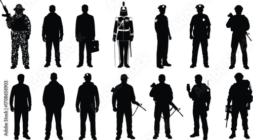 Silhouettes of diverse figures—soldiers, police, civilians, ceremonial guards—standing in uniform and casual attire, vector illustration for identity, security, role comparison themes
