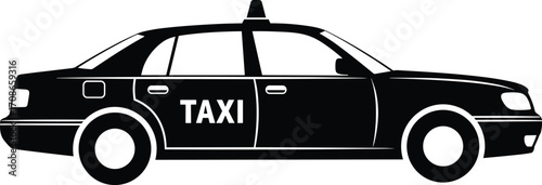 Taxi car silhouette side view with roof sign and bold lettering, vector illustration for transportation, travel, public service, urban mobility themes