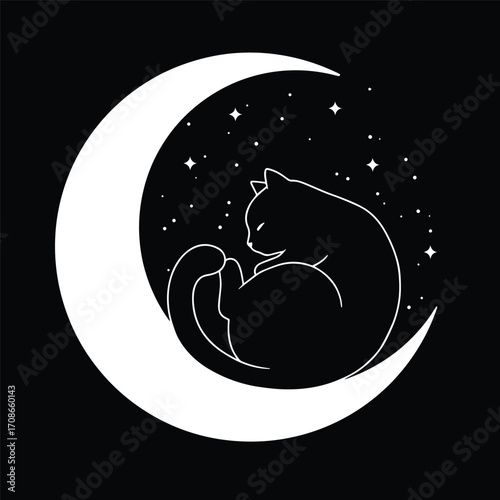 Stylized black cat curled asleep on a white crescent moon surrounded by stars