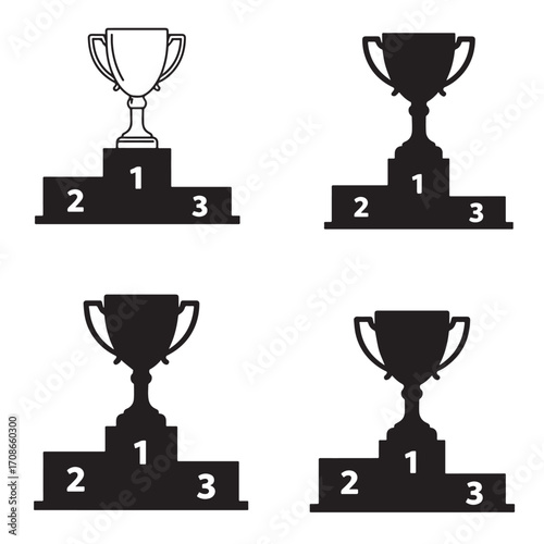 Collection of trophy and podium icons representing first second and third place winners