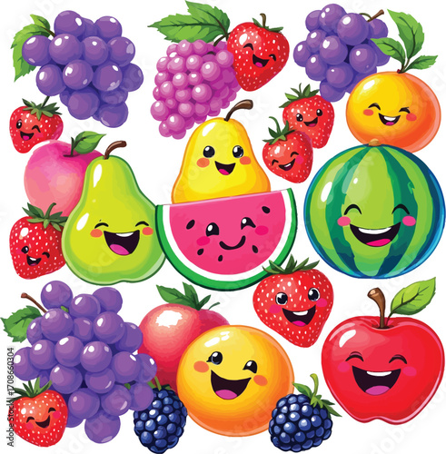 Cute Fruit Character Vector Set — Colorful Cartoon-Style Smiling Fruits for Kids’ Education, Healthy Eating, and Playful Design