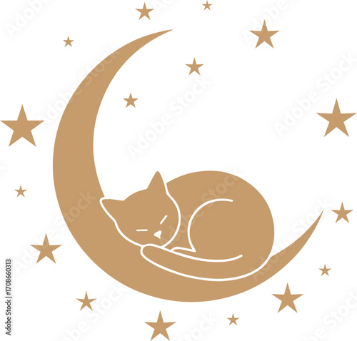 Cute sleeping cat curled up on a crescent moon surrounded by stars in a minimalist design
