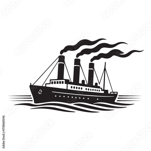 Vintage steamship with three smokestacks emitting smoke sailing on wavy water