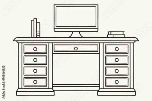 Black and White Line Art Illustration of a Desk with Computer and Books table furniture