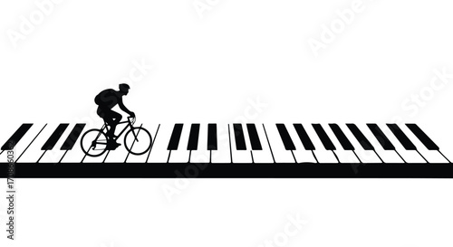 Silhouette of a cyclist riding a bicycle on a piano keyboard stretching into the distance