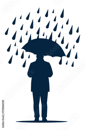 Silhouette of a person in a suit holding an umbrella during a rain shower