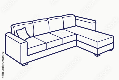 Blue Line Art Illustration of a Sectional Sofa with Chaise couch furniture