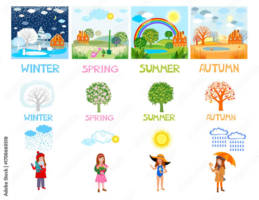 Fototapeta premium Four Seasons Banners with Trees and houses. Winter, spring, summer, autumn colour nature. Set. Landscape. Сards. Natural landscape at different times of year. Beautiful non-urban scenes. Vector 