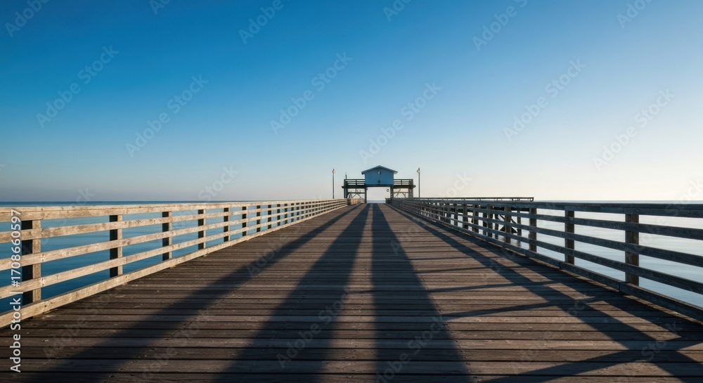 Obraz premium Wooden pier extending into a tranquil ocean, long shadows stretching across the deck