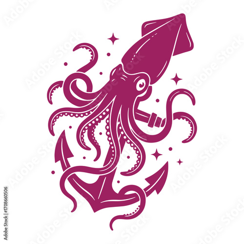 Stylized kraken tentacles wrapped around an anchor with stars