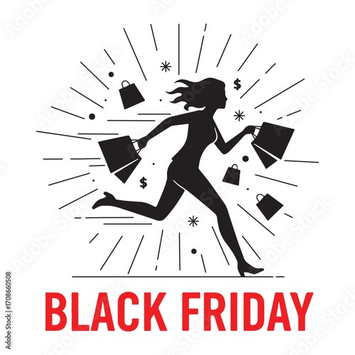Silhouette of a woman running with shopping bags on black friday with starbursts and dollar signs