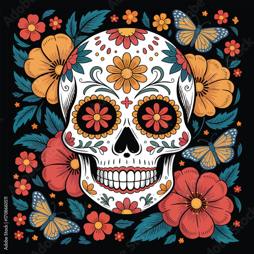 Sugar skull with flowers and butterflies on black background